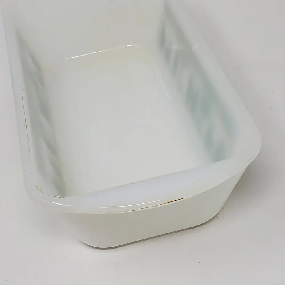 Glasbake Vintage White and Green glass Loaf pan Hellenistic Pattern Good